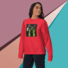 Woman in red sweatshirt with green alien print.