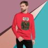 Man wearing a red Christmas sweater with a humorous holiday design.