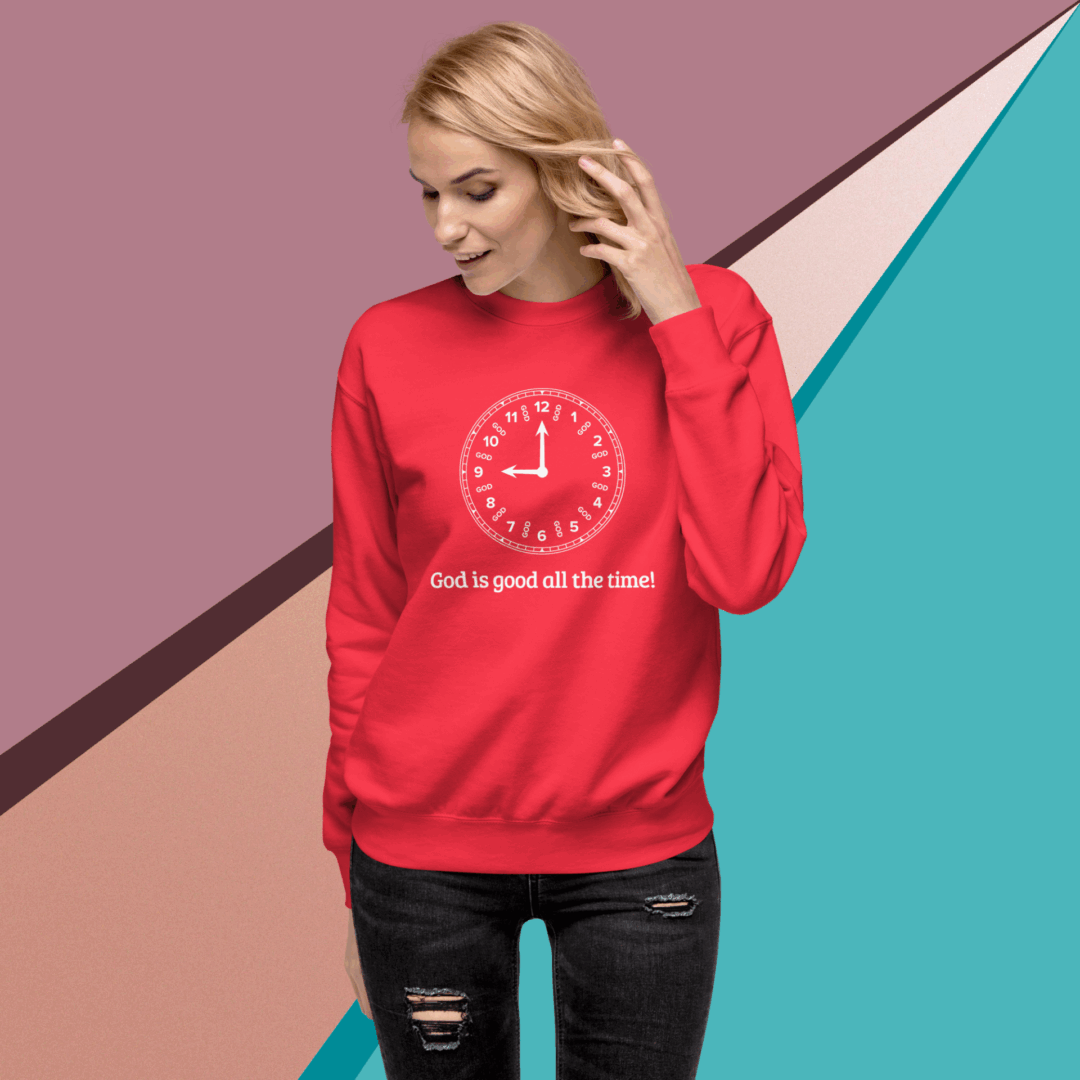 Woman wearing a red sweatshirt with a humorous quote about coffee.