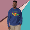 Man wearing a colorful North Carolina map sweatshirt, smiling.