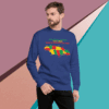 Man wearing a blue sweatshirt with a colorful geometric dinosaur design.