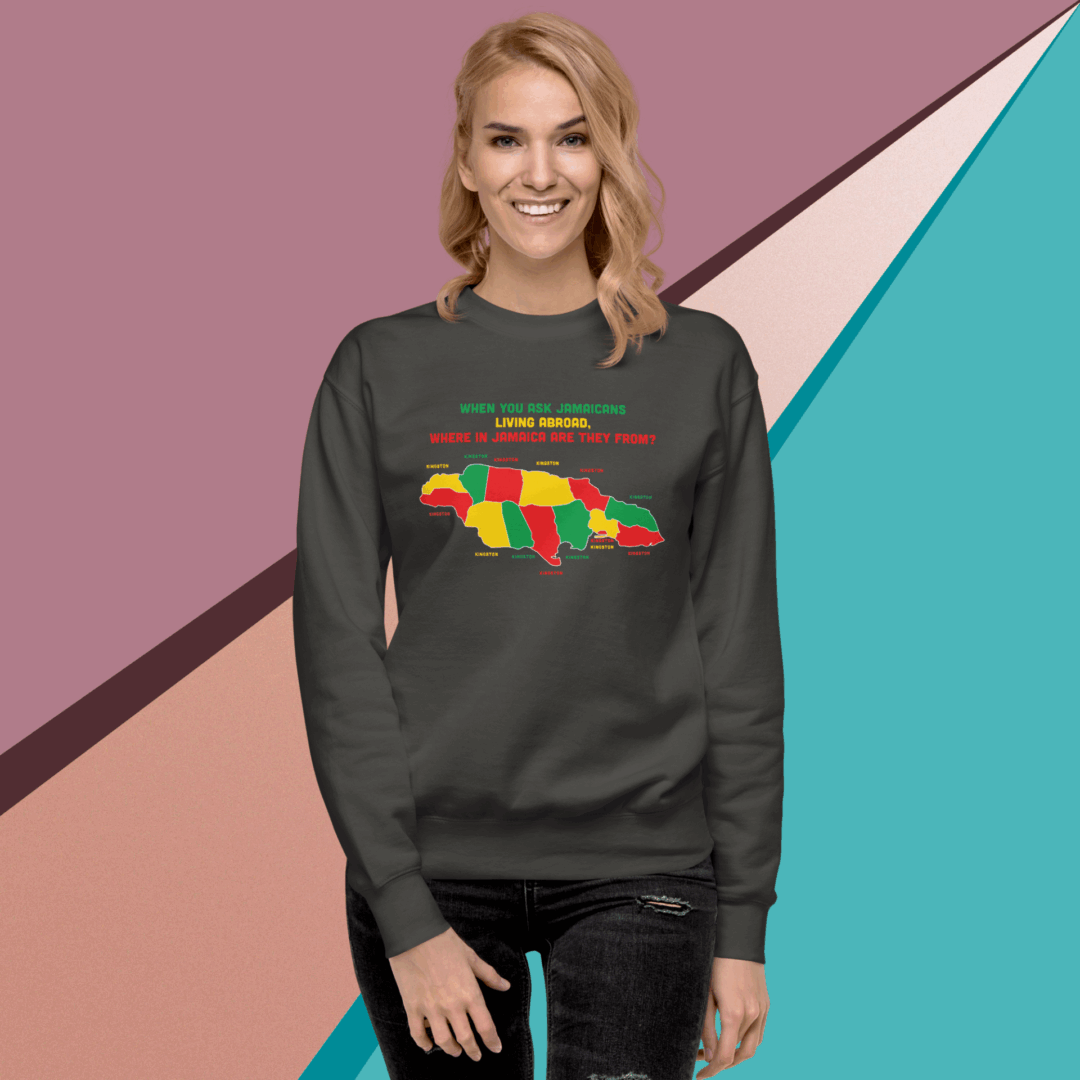Woman wearing a colorful bear graphic sweatshirt with geometric shapes.