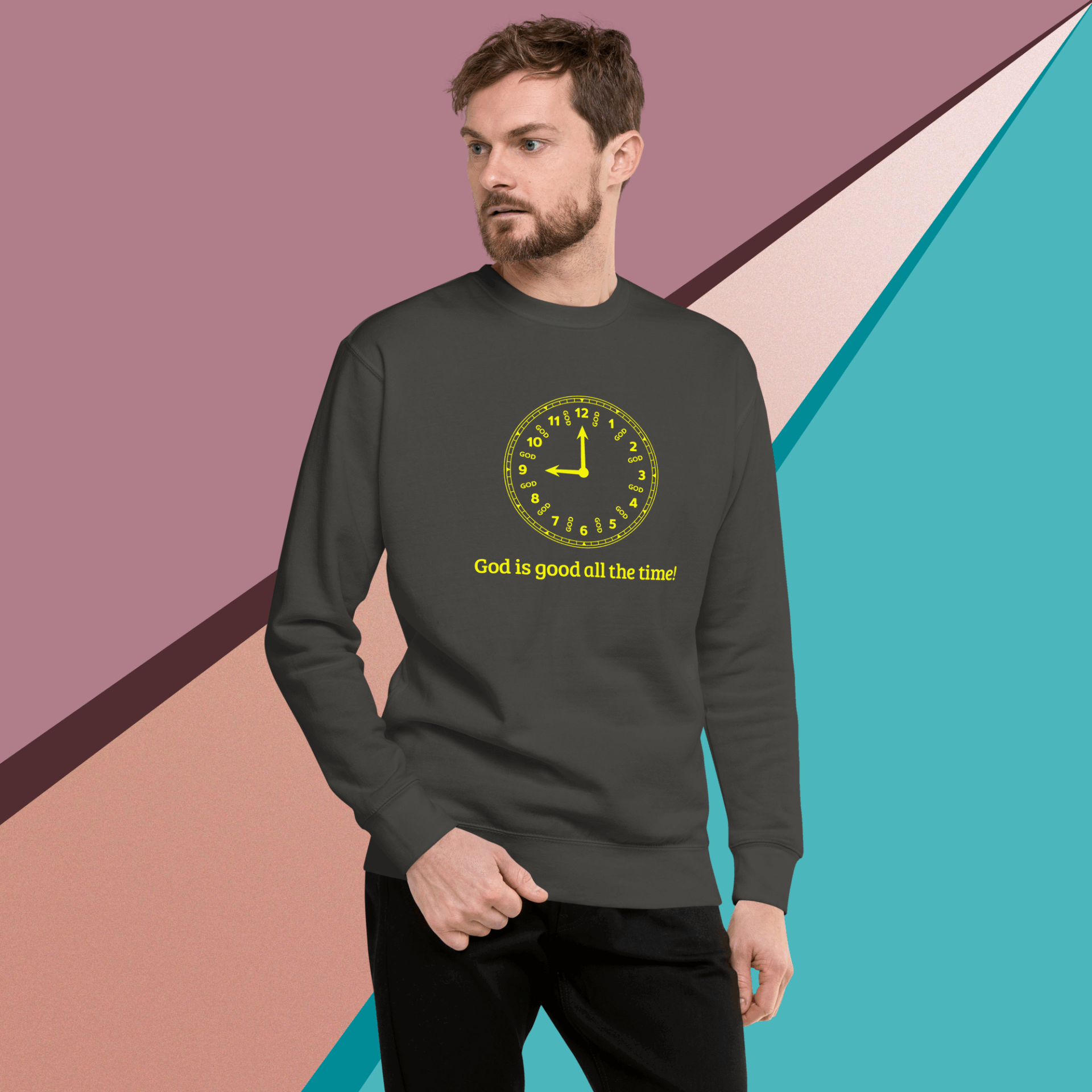 Man wearing a sweatshirt with a clock and religious message.