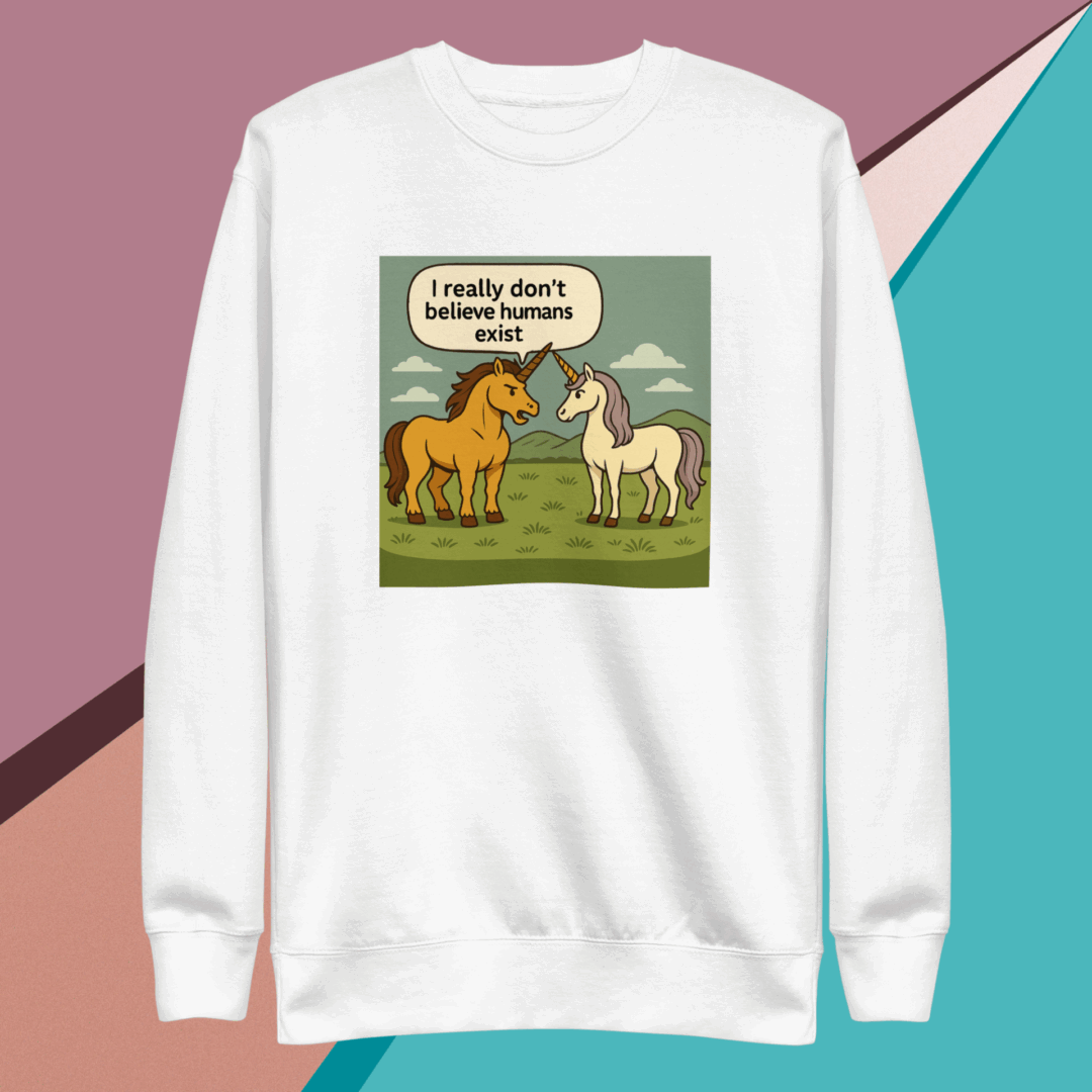 White sweatshirt featuring two horses with a funny text bubble.