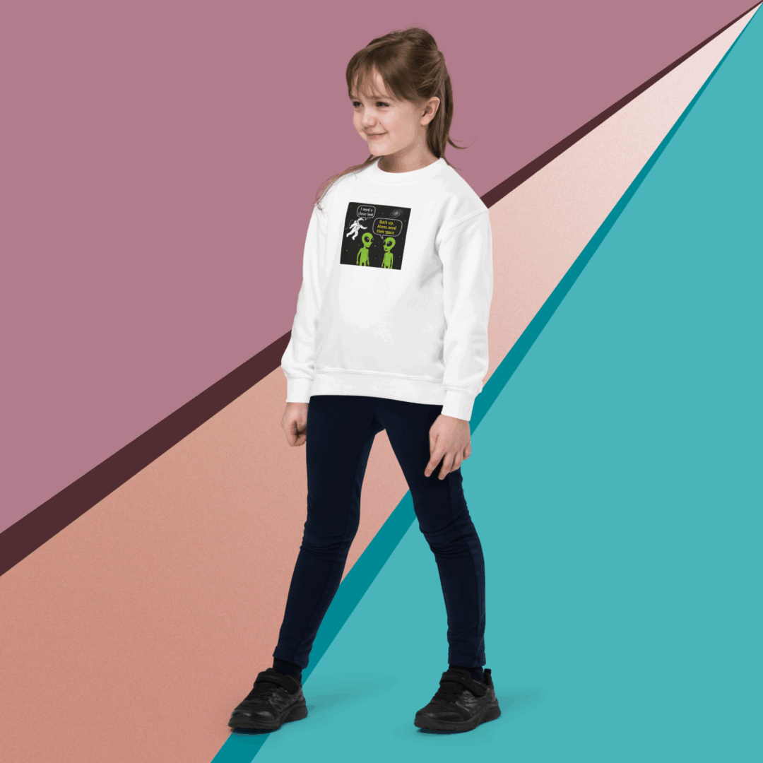 Young girl posing confidently against a colorful geometric background.