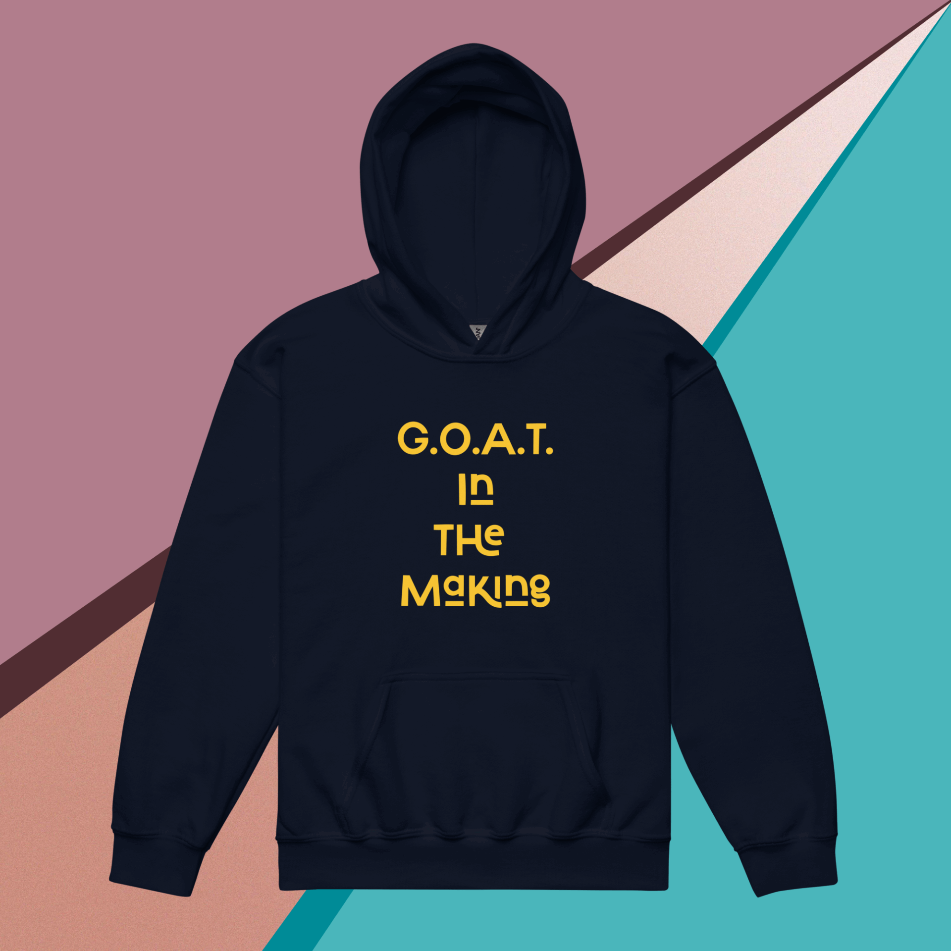 Navy hoodie with yellow text saying 'G.O.A.T. In The Making'.