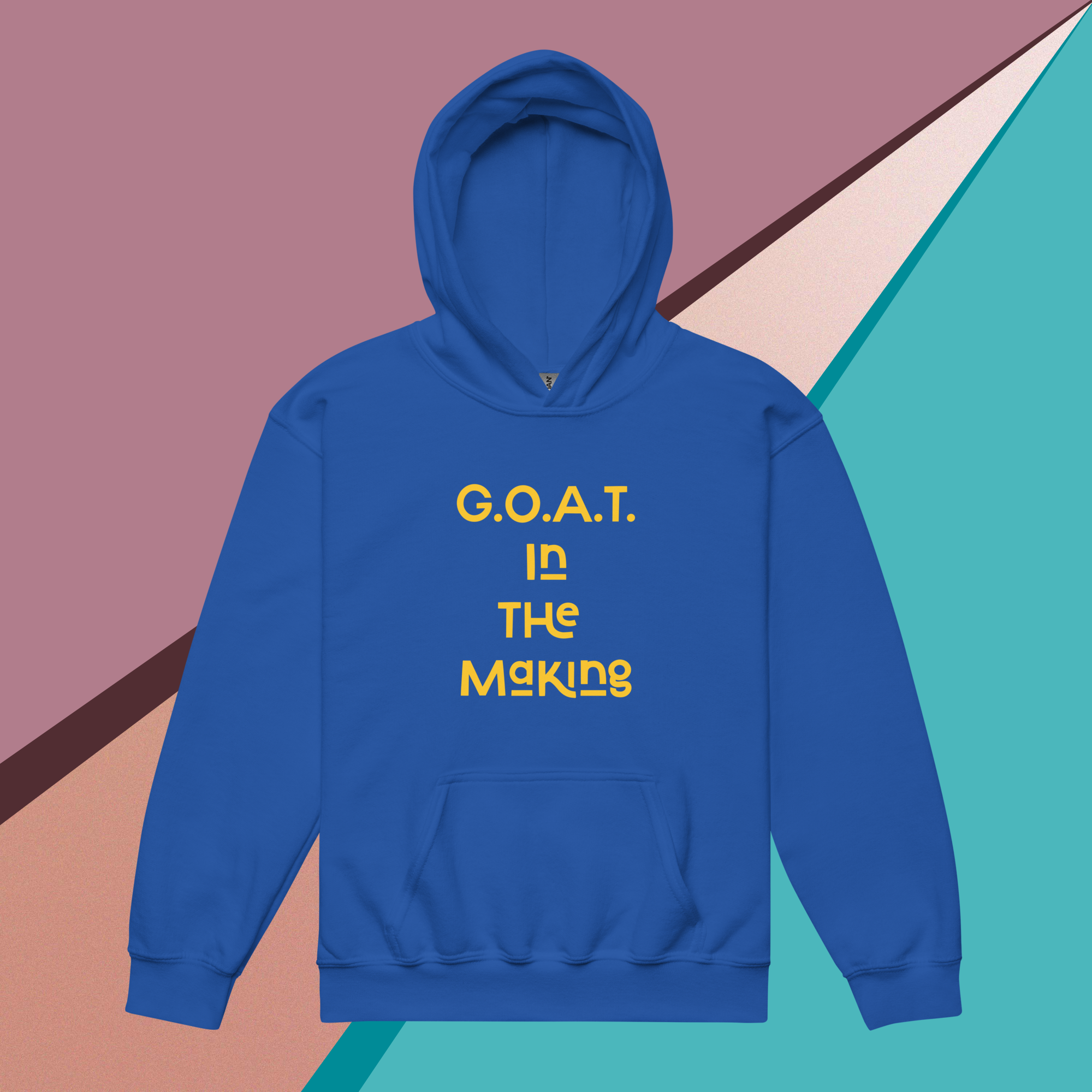 Blue hoodie with yellow text saying 'G.O.A.T. In The Making'.