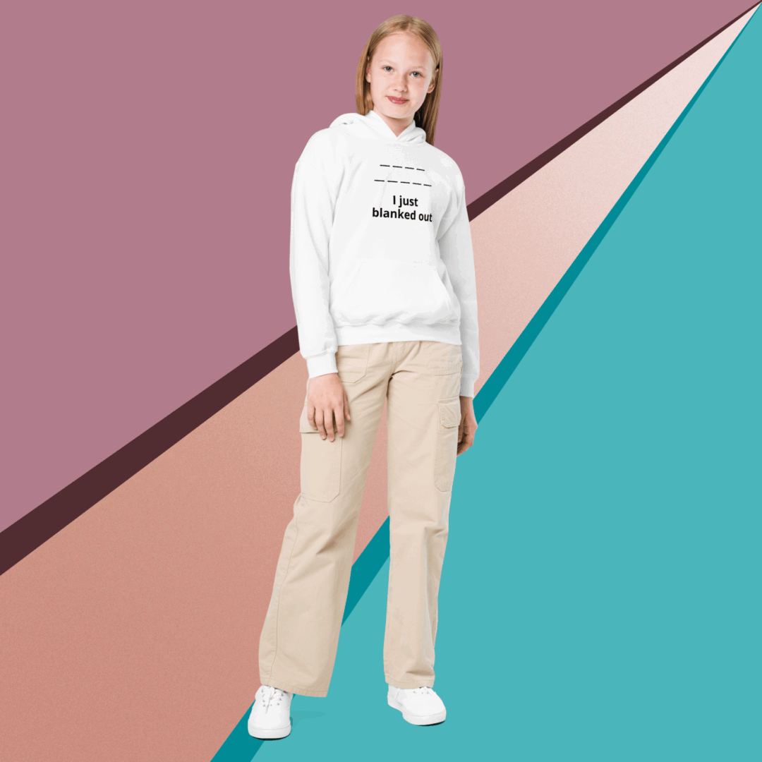 Young woman in casual beige pants and white hoodie against colorful geometric background.