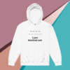 White hoodie with the phrase 'I just blanked out' on a colorful geometric background.