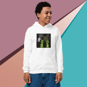 A smiling young man wearing a white hoodie with a colorful graphic design.