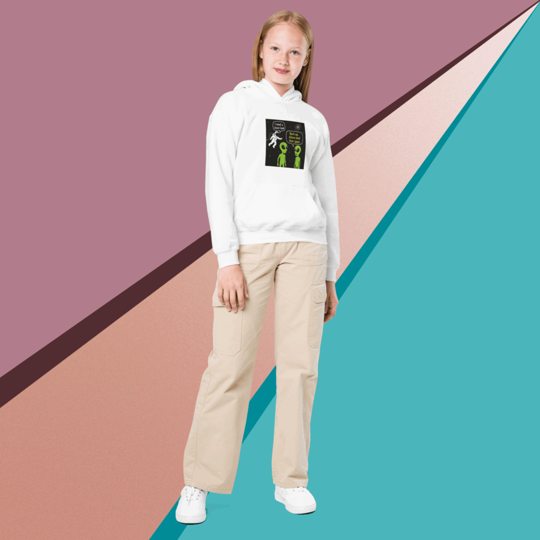 Young woman in casual outfit against colorful geometric background.