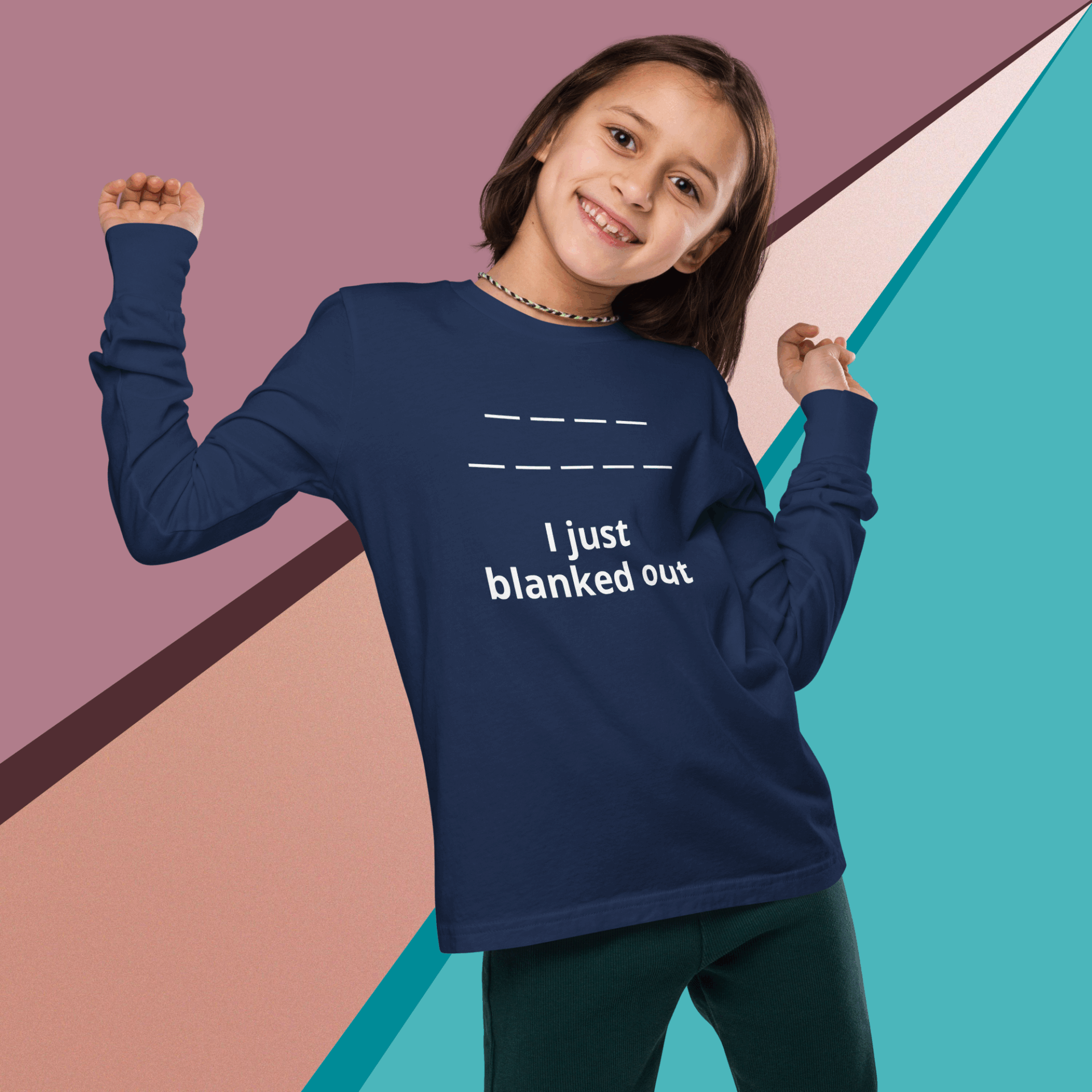 Smiling girl wearing a navy sweater with a funny text design.