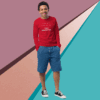 A smiling man in a red sweatshirt and blue shorts against a colorful geometric background.