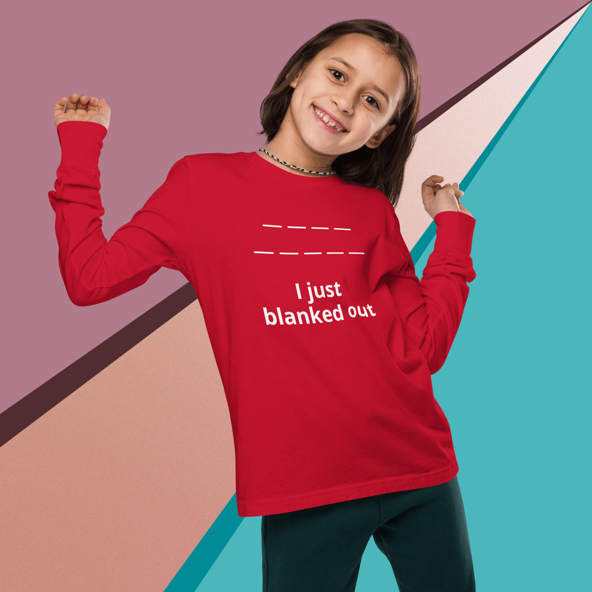 Girl wearing a red shirt with the text 'I just blinked lol'.