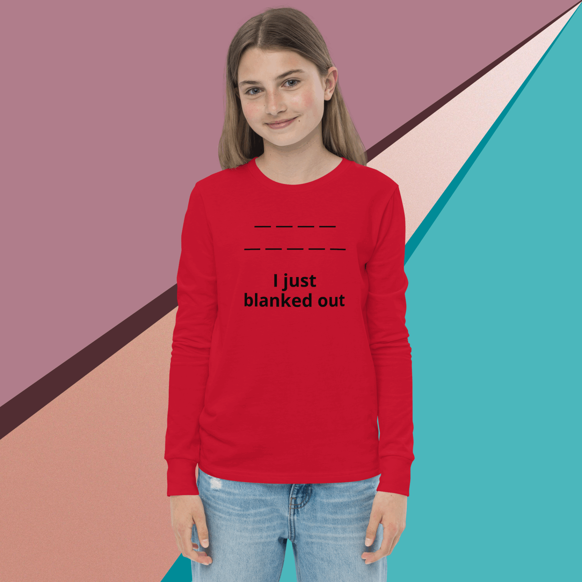 Young woman wearing a red sweatshirt with text.